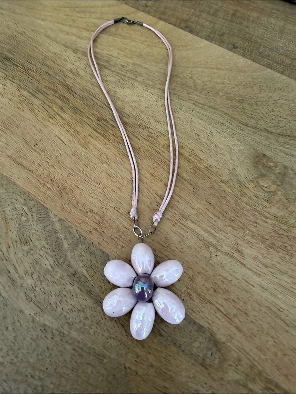 Pink Flower Pendant Necklace with Iridescent Center